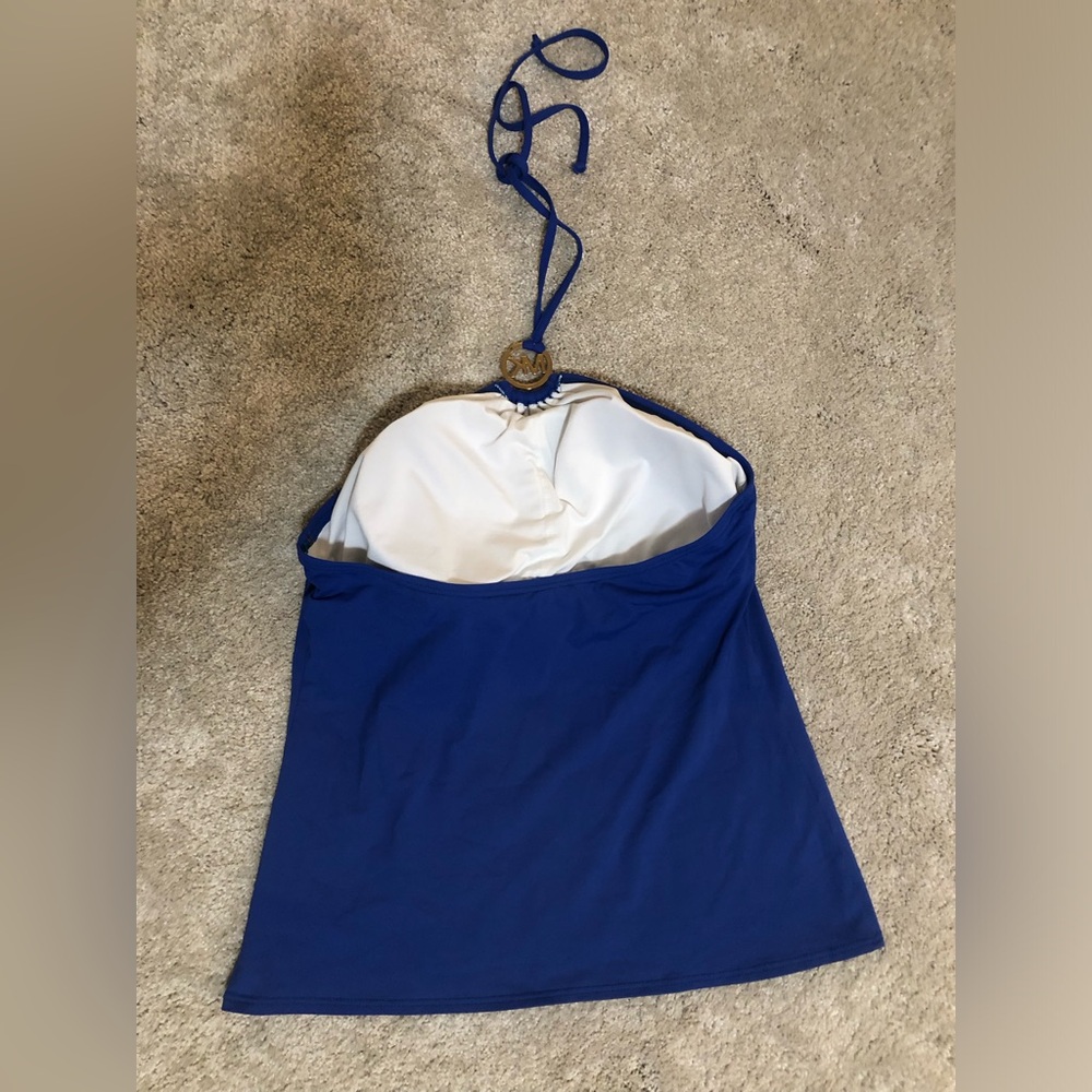 MICHAEL Michael Kors Blue Halter Tankini Swim Top Gold MK Logo Resort Sz L - Picture 5 of 8